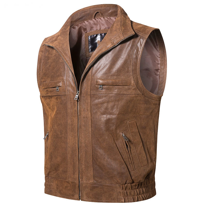 Men's Casual Leather Vest With Stand Collar
