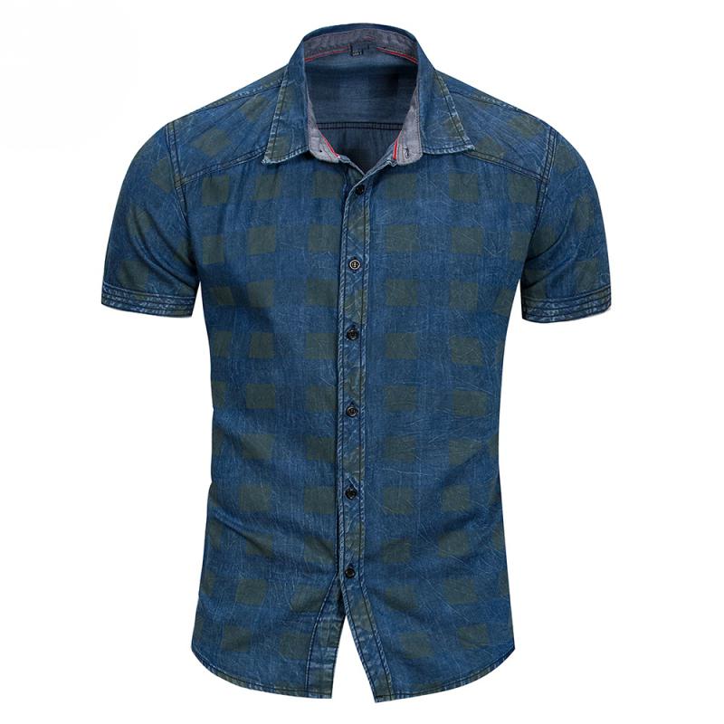Men's Summer Casual Plaid Short Sleeved Denim Shirt