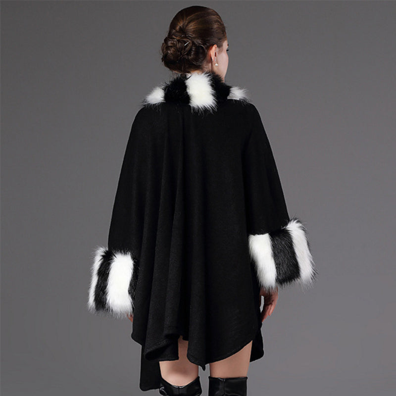 Women's Winter O-Neck Poncho With Thick Warm Faux Fur