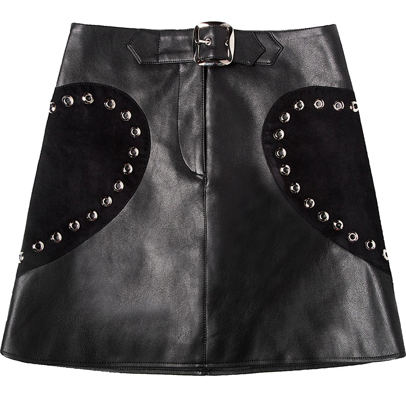 Women's Spring PU Leather Patchwork High-Waist Skirt With Belt