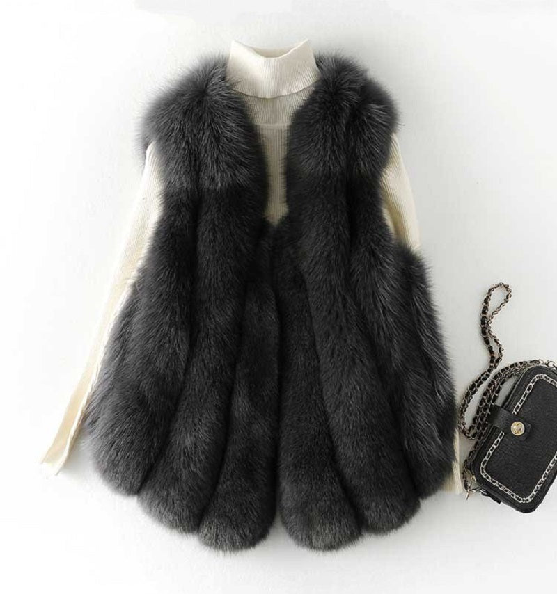 Women's Winter Casual Thick V-Neck Vest With Fox Fur