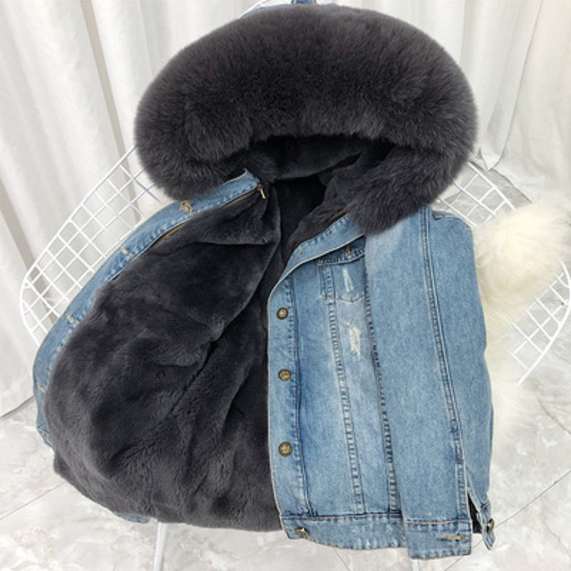 Women's Winter Casual Warm Denim Coat With Rabbit Fur