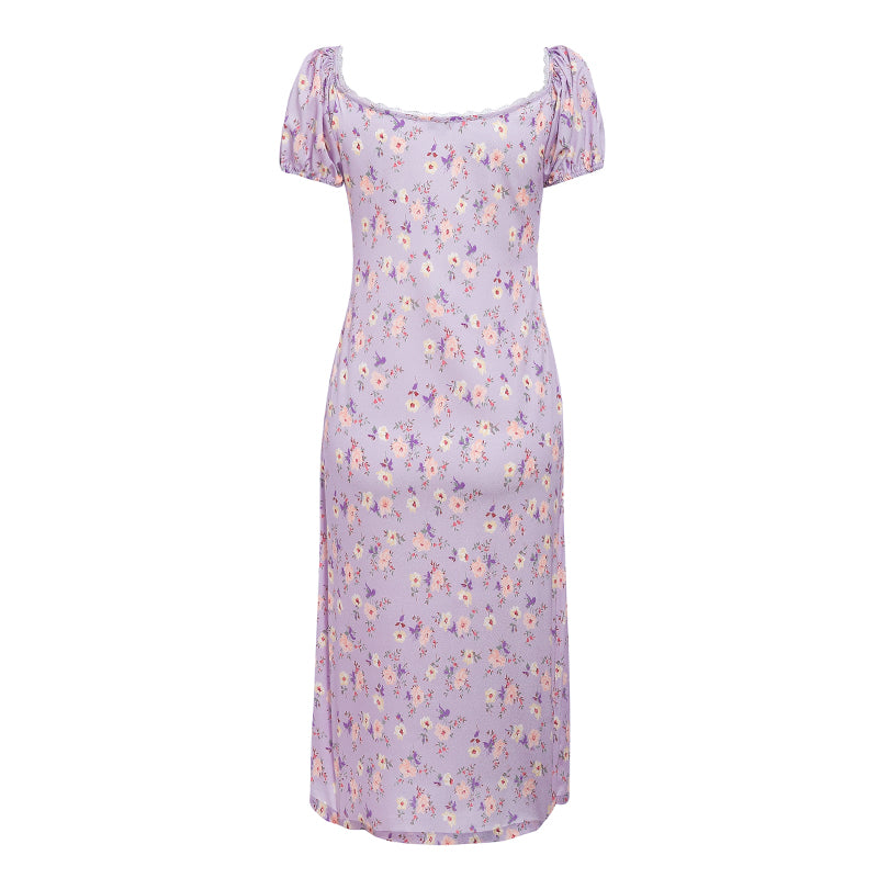 Women's Summer Puff-Sleeved A-Line Midi Dress With Floral Print