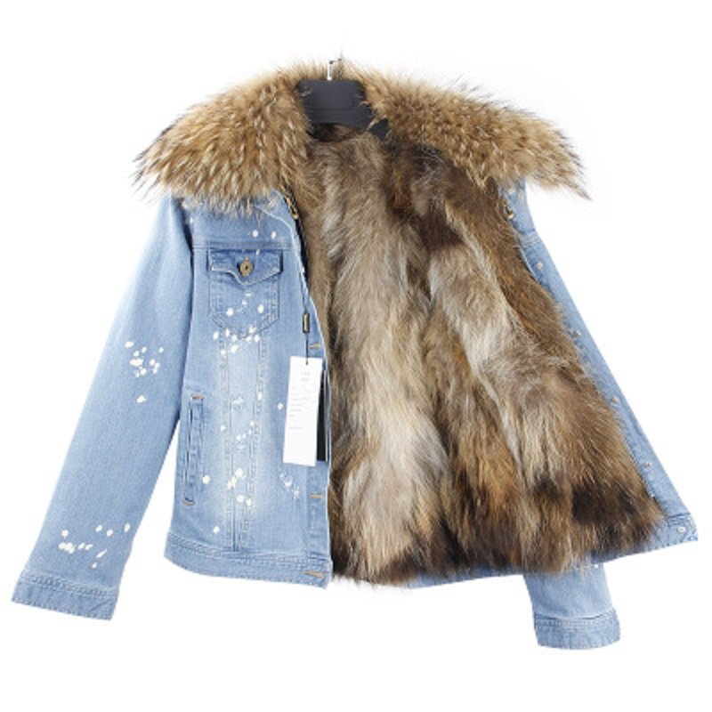 Women's Winter Casual Denim Slim Parka With Raccoon Fur