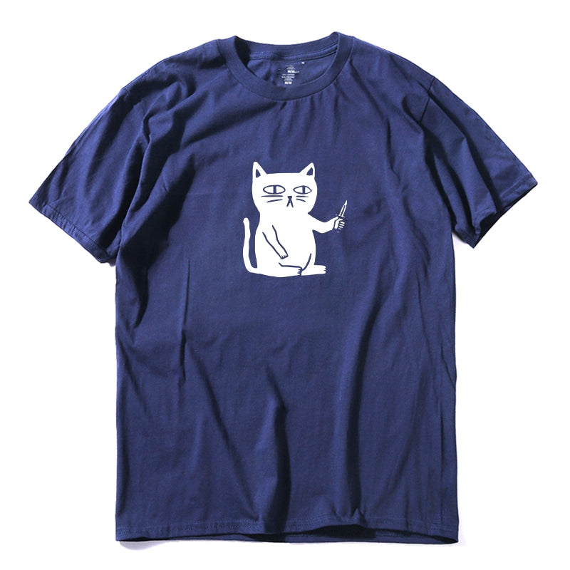 Men's Summer Casual Cotton Loose T-Shirt With Printed Cat