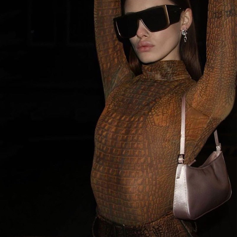 Women's Autumn Slim Elastic High Neck Bodysuit With Crocodile Print