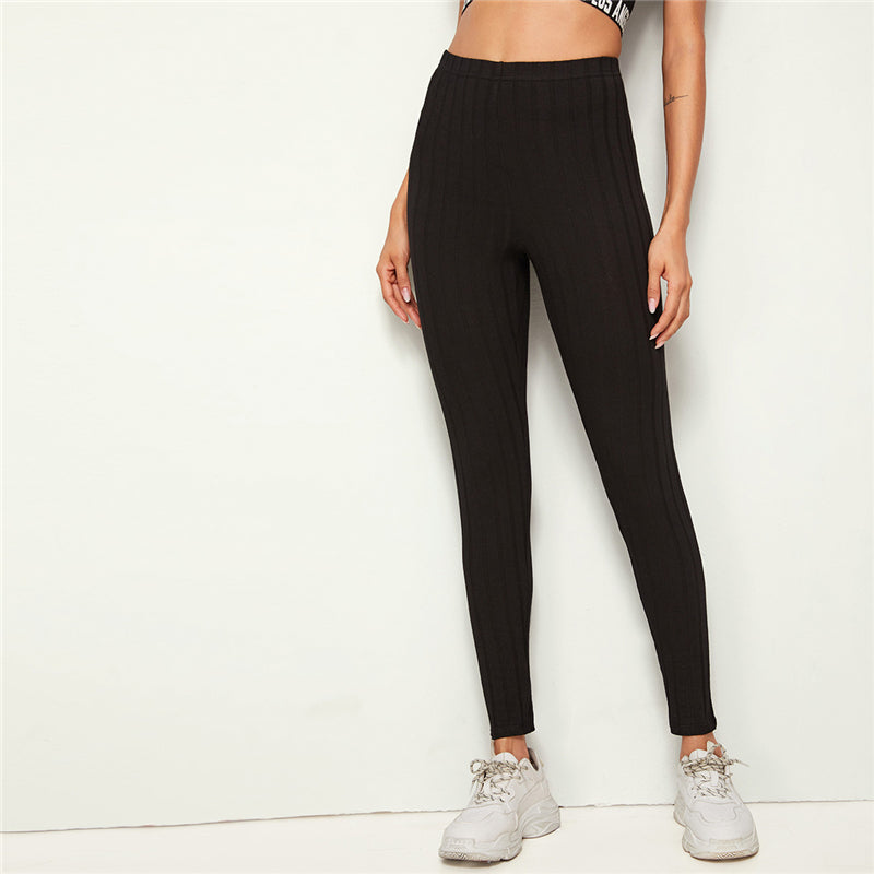 Women's Casual Ribbed Skinny Fitness Leggings With Elastic Waist