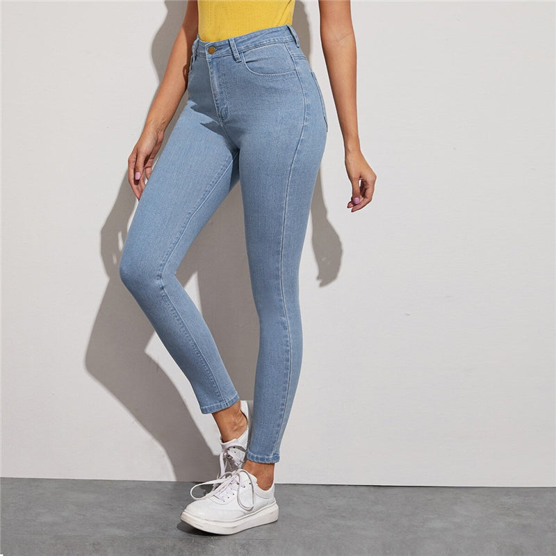 Women's Casual Mid-Waist Skinny Jeans With Pockets