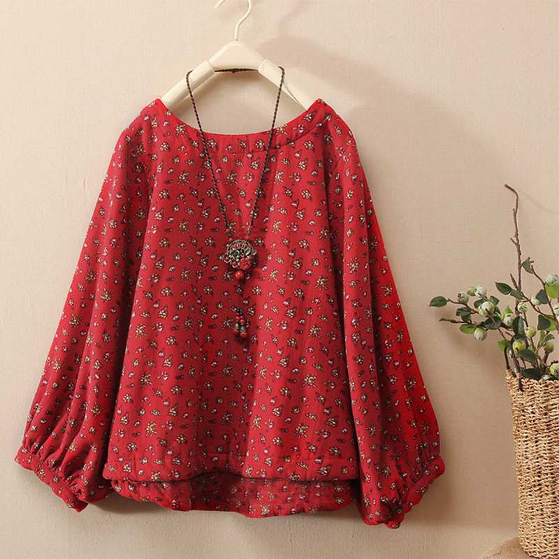 Women's Spring/Summer Casual Cotton O-Neck Blouse With Print