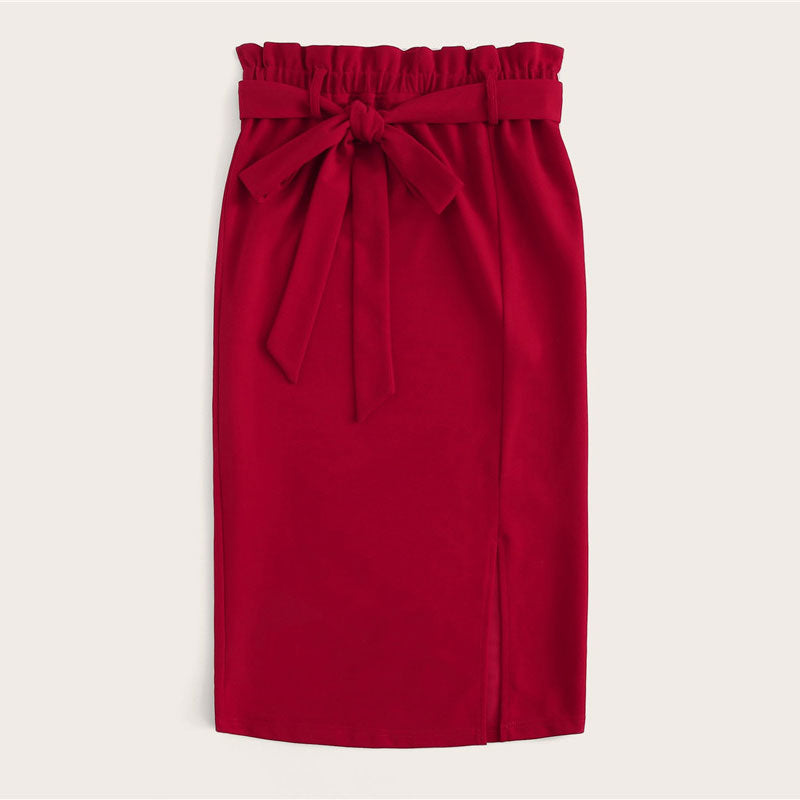 Women's Spring/Summer Polyester High-Waist Belted Midi Skirt