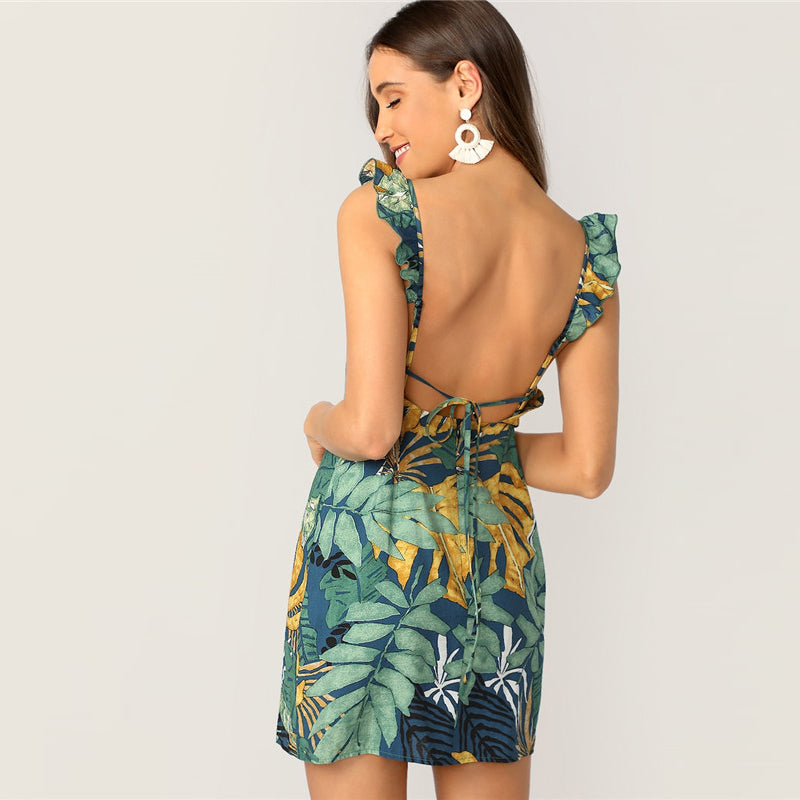 Women's Summer Sleeveless Slim Backless Dress With Ruffles