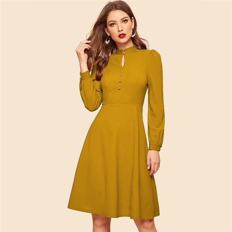 Women's Spring Polyester A-Line High-Waist Midi Dress