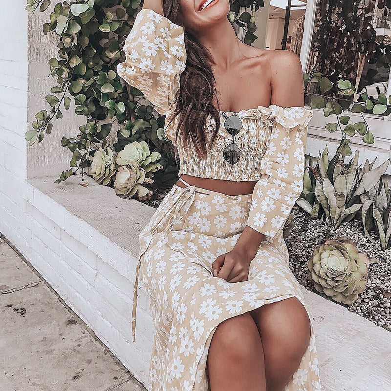 Women's Summer Off-Shoulder Two-Piece Long Dress With Print