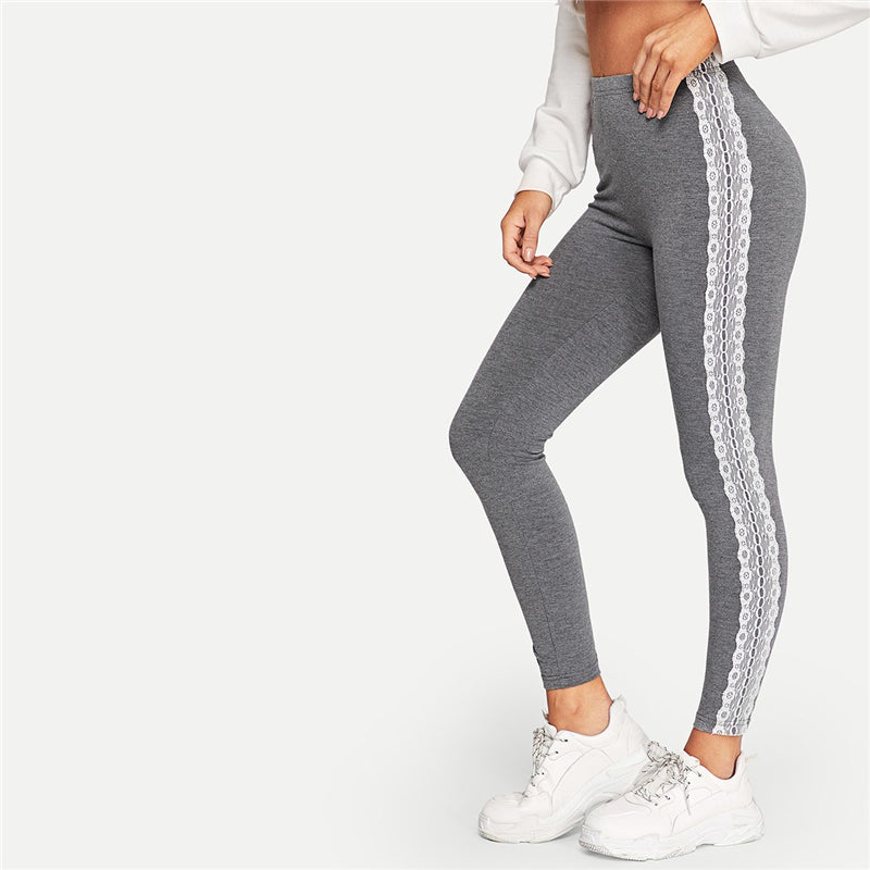 Women's Casual Rayon Midi-Waist Fitness Leggings With Lace