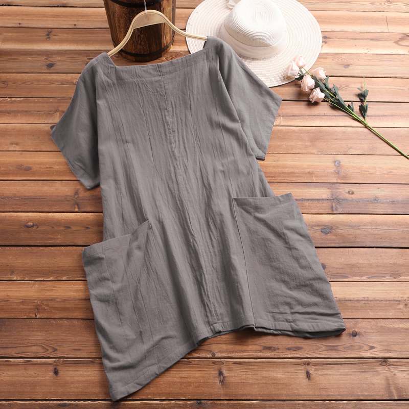 Women's Summer Casual Linen O-Neck Loose Blouse With Pockets