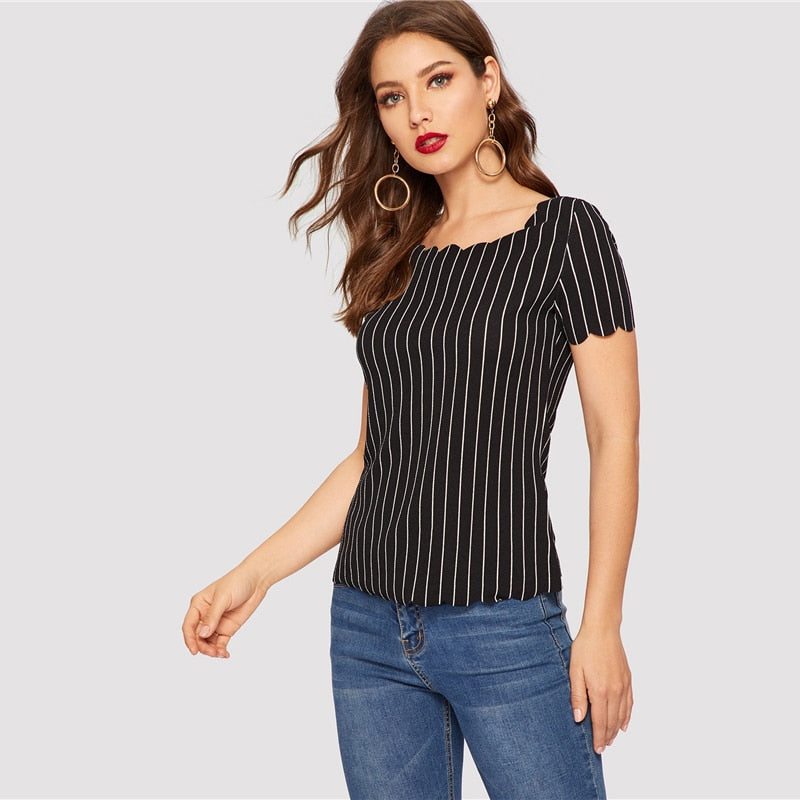 Women's Summer Casual O-Neck Striped Blouse With Print