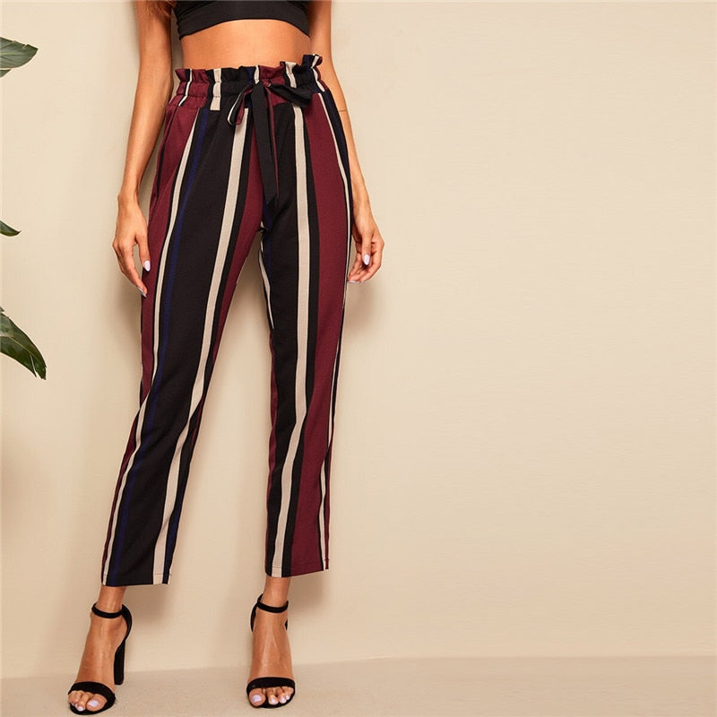 Women's Polyester Striped High-Waist Pants