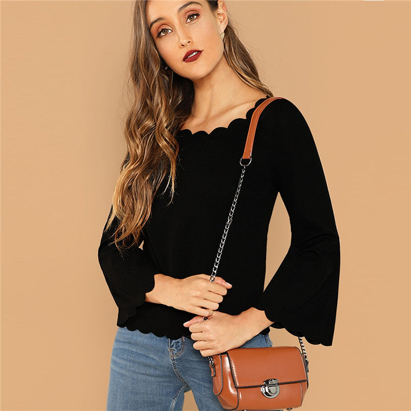 Women's Casual Long Sleeve Blouse With Scallop Trim