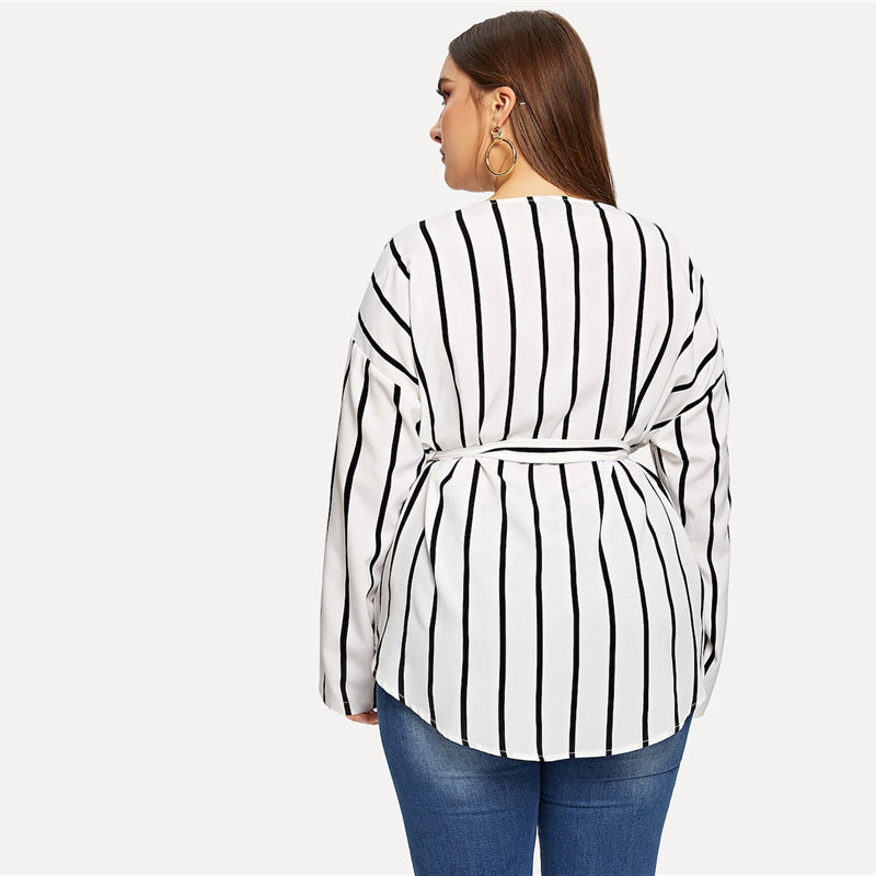 Women's Spring Casual V-Neck Belted Striped Blouse | Plus Size
