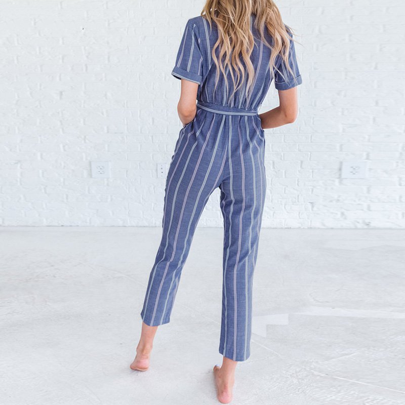 Women's Summer Casual V-Neck Striped Jumpsuit With Belt