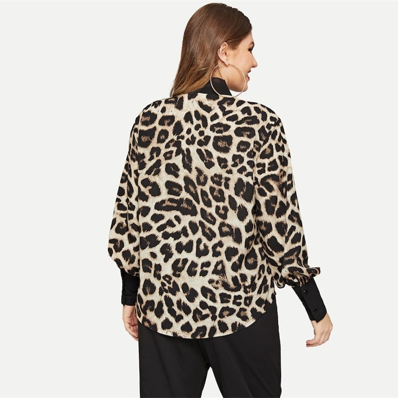 Women's Casual Tie Neck Blouse With Leopard Print | Plus Size