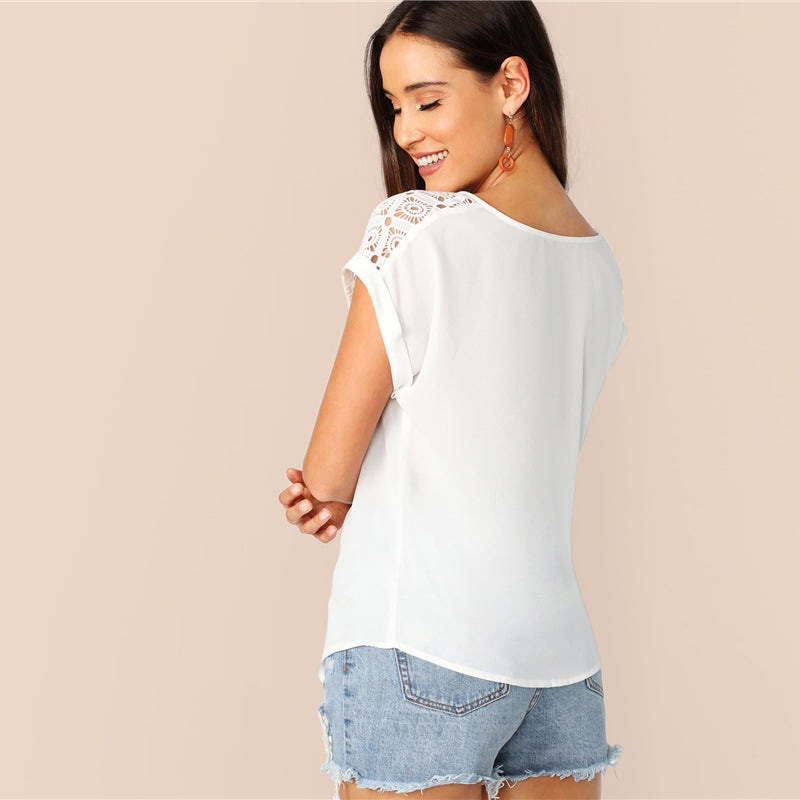 Women's Summer Short-Sleeved O-Neck Lace Blouse