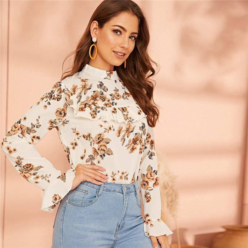 Women's Spring Casual Floral O-Neck Blouse With Ruffles