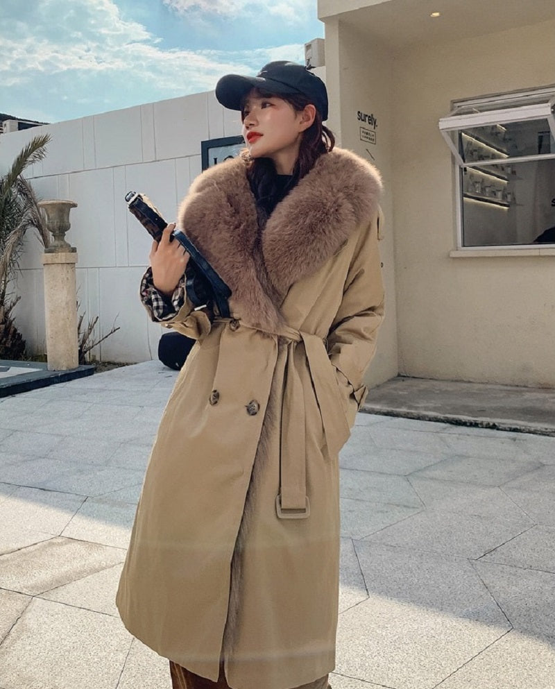 Women's Winter Casual Warm Long Trench With Fox Fur