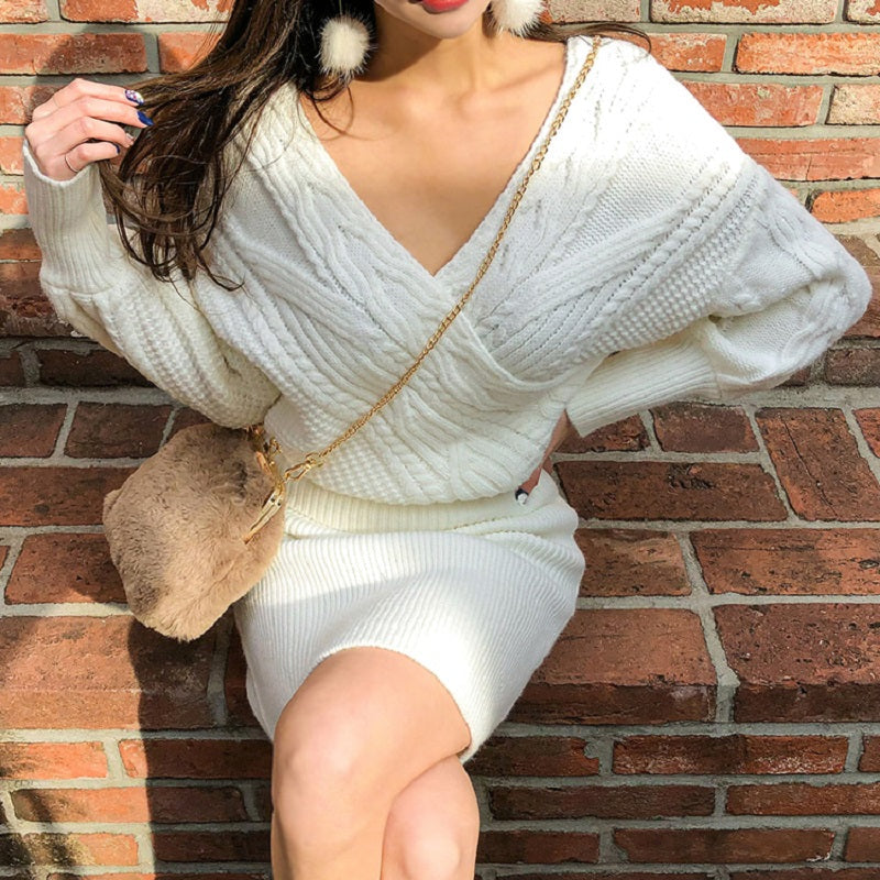 Women's Winter Casual V-Neck Sweater Two-Piece Mini Dress