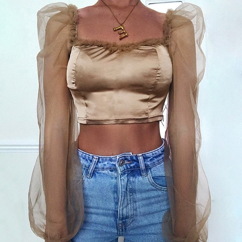 Women's Spring/Summer Satin Mesh Sleeve Crop Top With Square Neck
