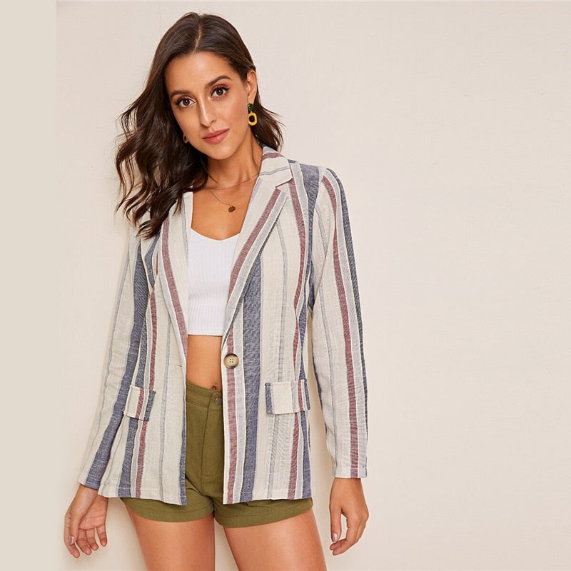 Women's Spring/Summer Casual Striped Blazer With Pockets