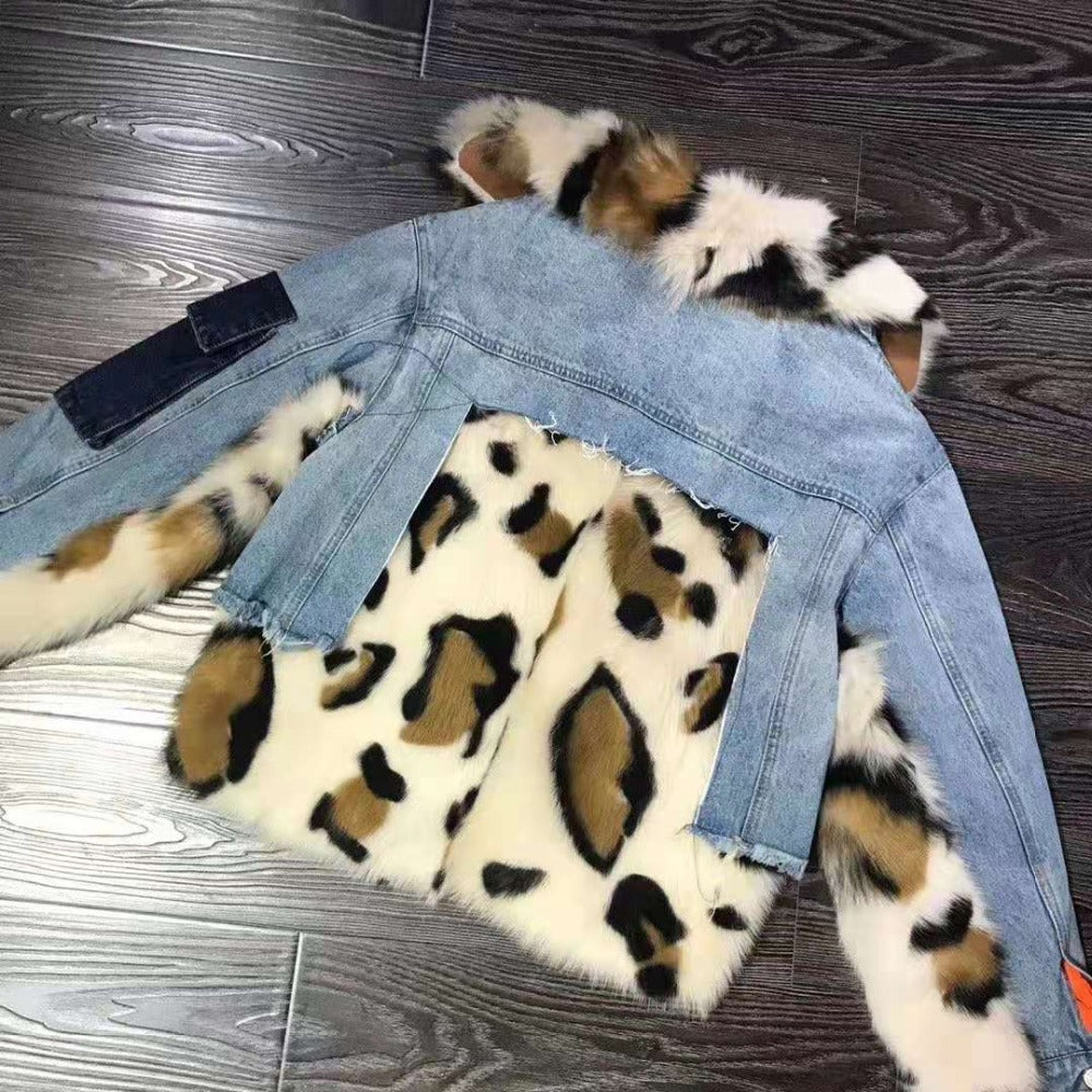 Women's Winter Thick Leopard Denim Coat With Sheep Fur