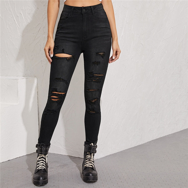 Women's Casual Mid-Waist Ripped Skinny Jeans