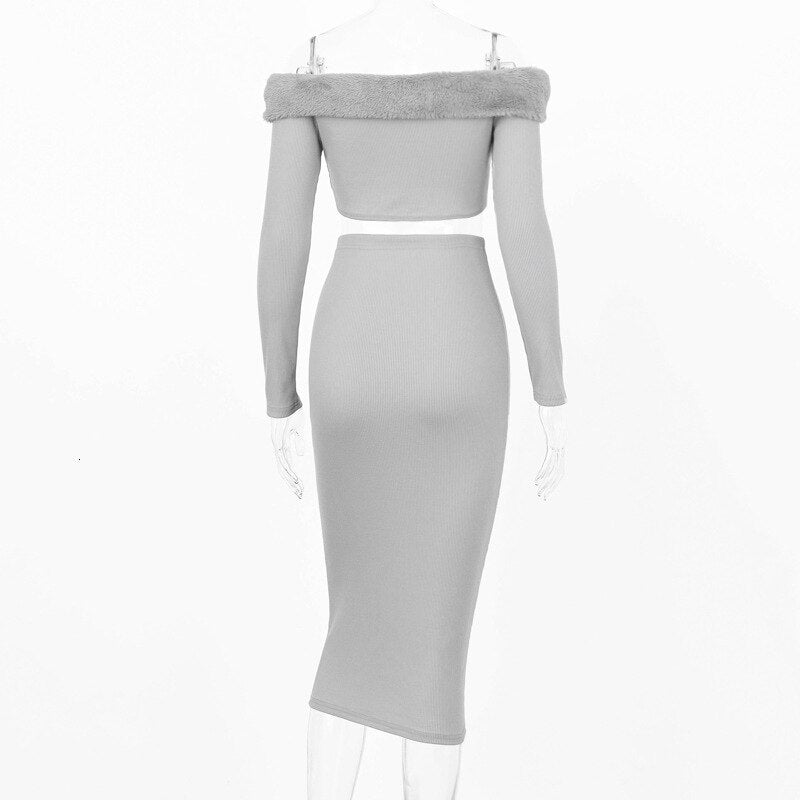 Women's Autumn Off-Shoulder Sheath Two-Piece Midi Dress