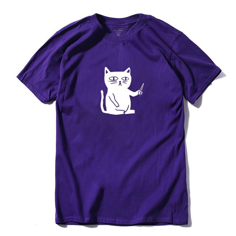 Men's Summer Casual Cotton Loose T-Shirt With Printed Cat