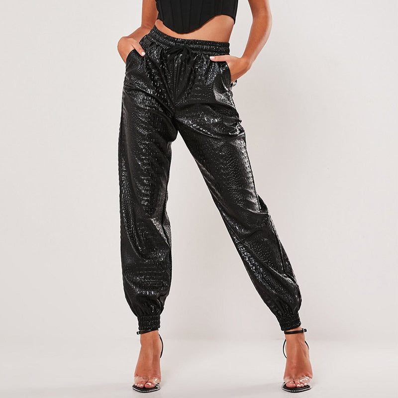 Women's Casual High Waist PU Leather Elastic Solid Pants