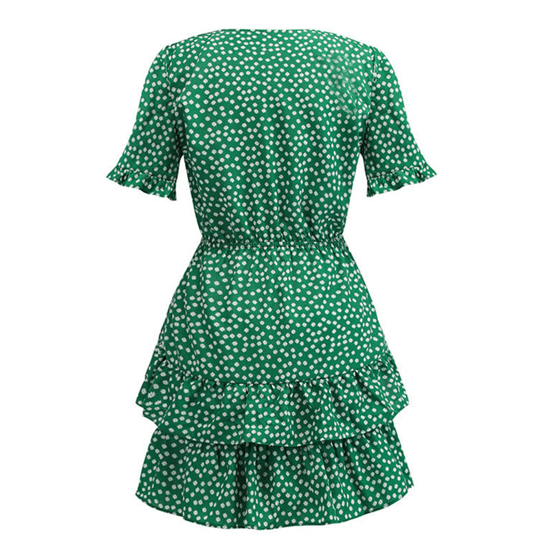 Women's Summer A-Line V-Neck Ruffled Dress With Print