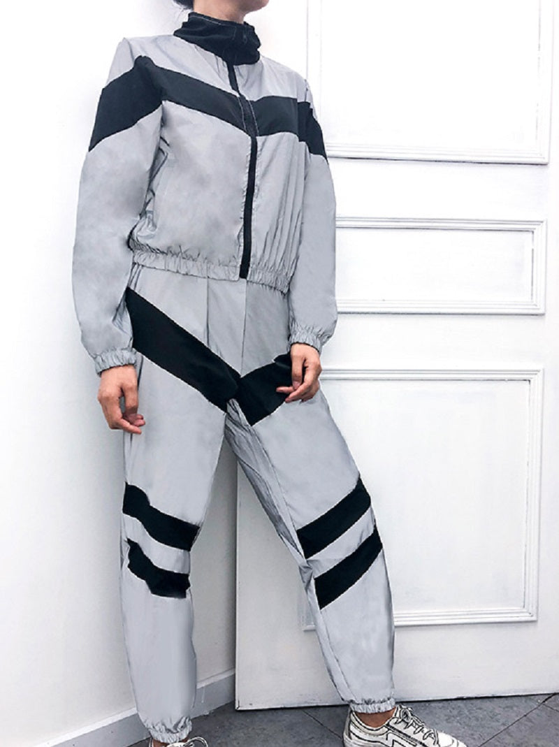 Women's Spandex Reflective Striped Two-Piece Suit