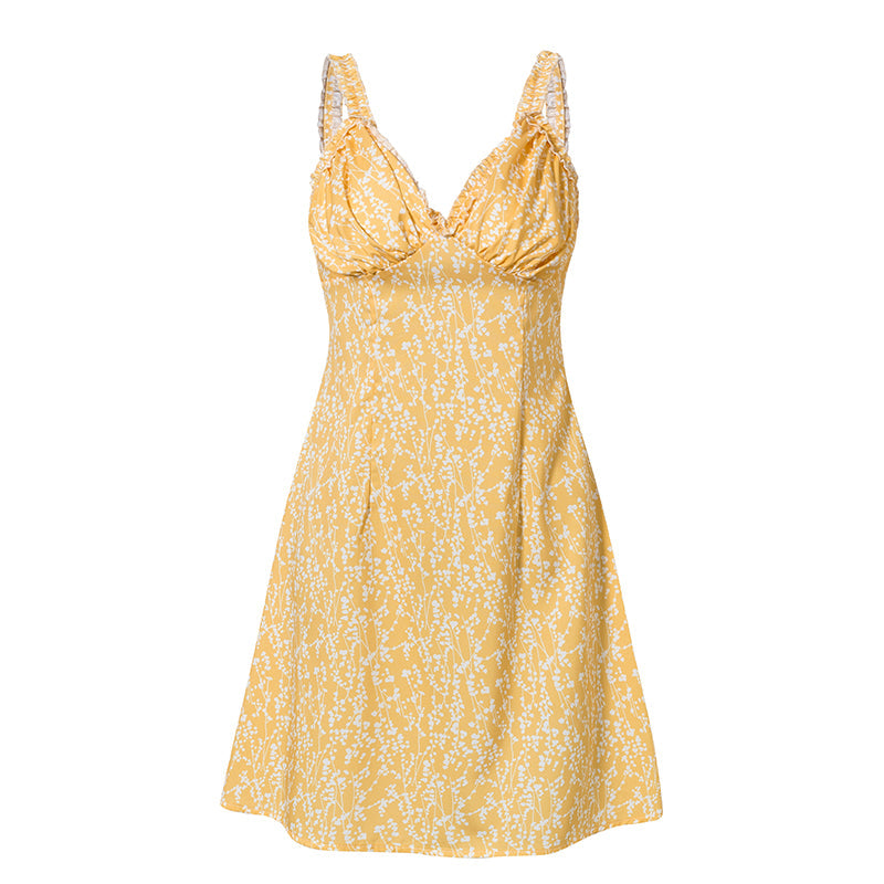 Women's Summer V-Neck Ruffled A-Line Dress With Print