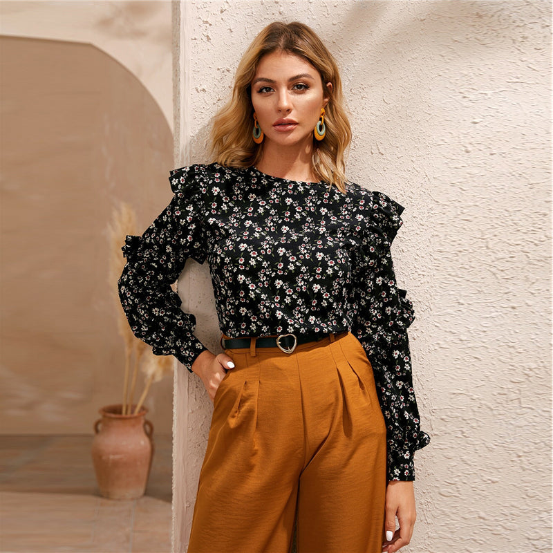 Women's Summer Casual O-Neck Long-Sleeved Blouse With Ruffles