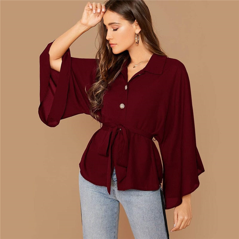 Women's Casual Polyester Long-Sleeved Belted Shirt