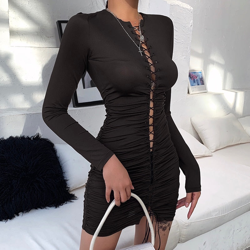 Women's Long Sleeve Ruched Lace Up Skinny Dress