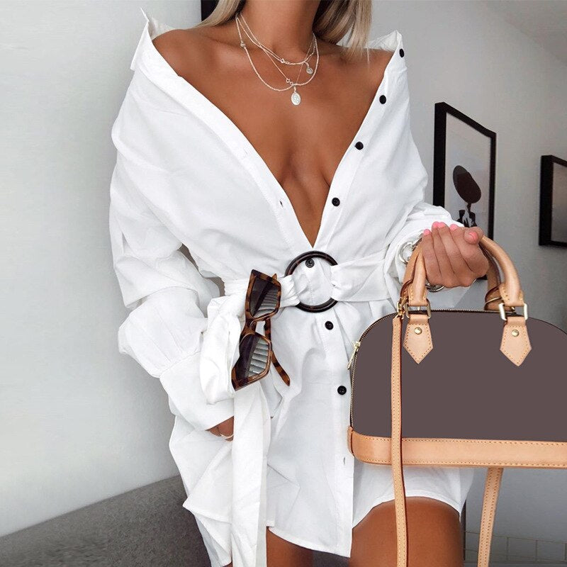 Women's Summer/Autumn Cotton Long Sleeve Mini Dress With Belt