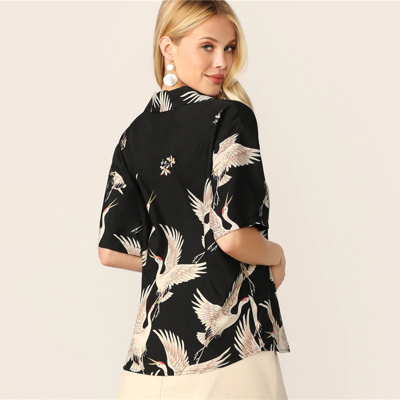 Women's Summer Polyester V-Neck Shirt With Print