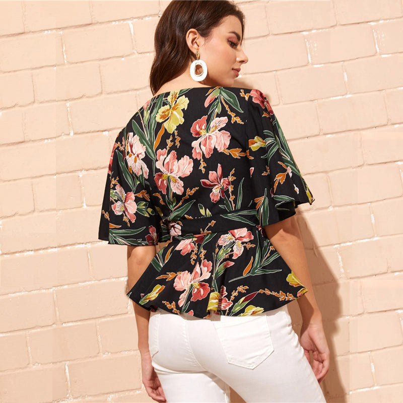 Women's Summer V-Neck Floral Blouse With Ruffles