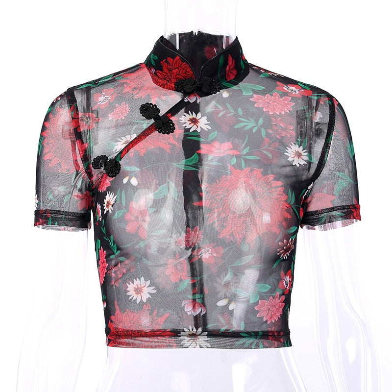 Women's Casual Short Sleeve Mesh Crop Top With Floral Print