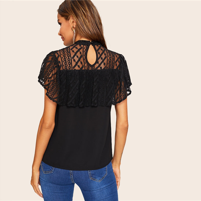 Women's Summer Butterfly-Sleeved Polyester Blouse With Lace