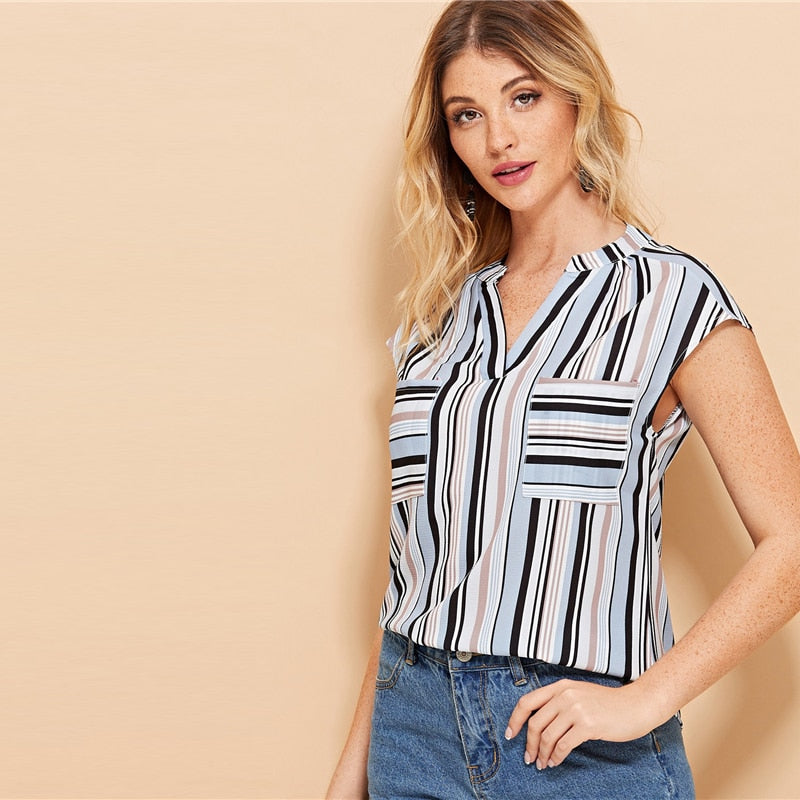 Women's Summer Casual Short Sleeve Blouse With Stripe Print