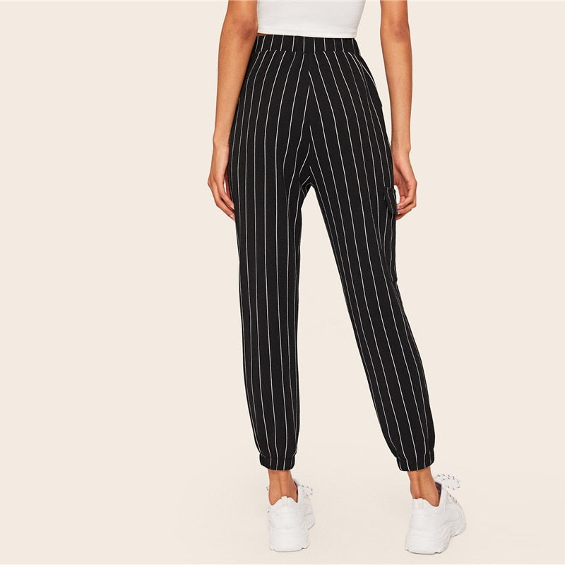 Women's Casual Striped Polyester Mid-Waist Pants