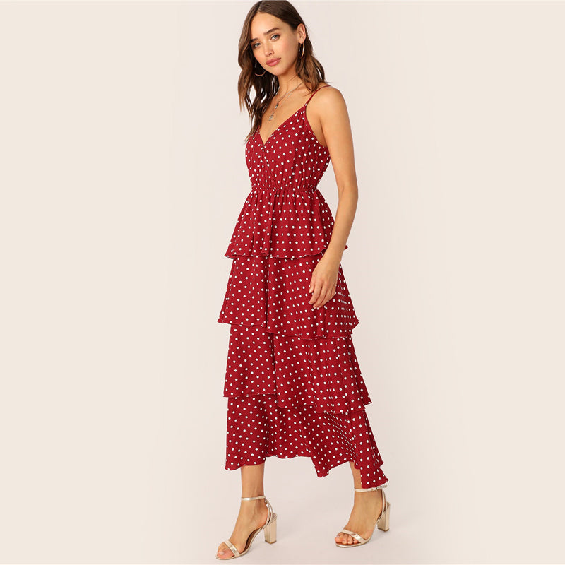Women's Summer Polyester V-Neck Long Dress With Ruffles